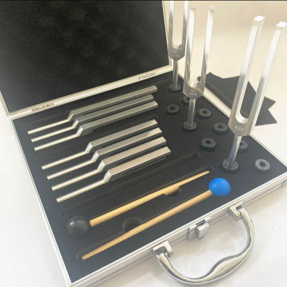 Close-up perspective of Solfeggio tuning forks standing upright in a black foam aluminum case with wooden mallets and rubber accessories.