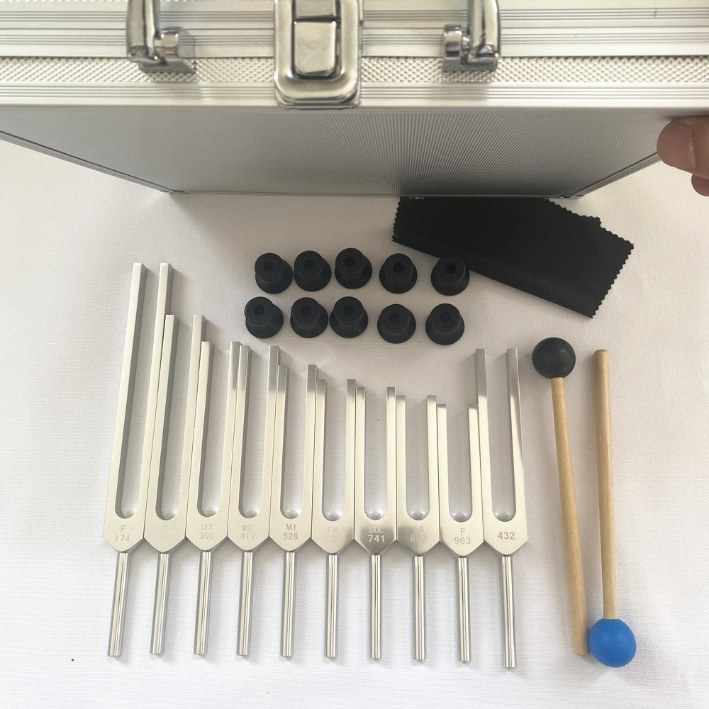 Top-down view of ten silver Solfeggio therapeutic tuning forks with mallets, rubber mounts, and aluminum case on a white background.